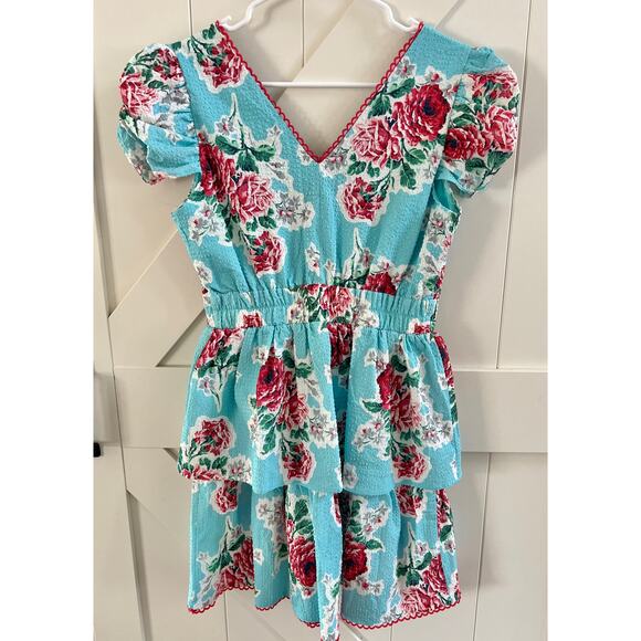 Betsy Johnson Rose Garden Seersucker Zip Front Mini Dress Aqua Floral size Small - Picture 2 of 13